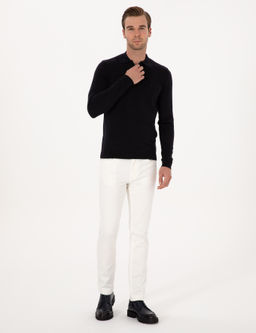 Lacivert Regular Fit Pamuk Kar___ml_ Fermuarl_ Polo Yaka Basic Triko Kazak