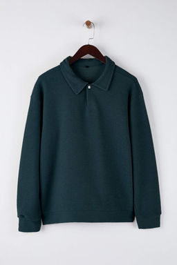 Yesil Yeni Oversize/Genis Kesim Polo Yaka Kal?n C?tc?tl? Sweatshirt TMNAW26SW00051