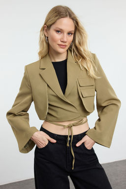 Limited Edition Ac?k Haki Crop Astarl? Kruvaze Dokuma Blazer Ceket TWOAW23BC00076