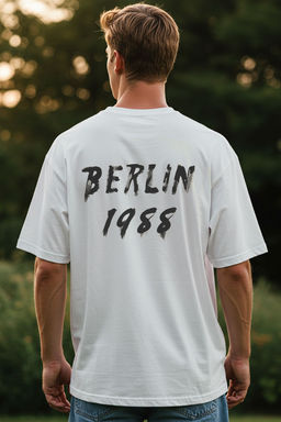 TRENDYOL MAN Ekru Oversize/Genis Kesim Berlin S?rt Bask?l? %100 Pamuk T-Shirt TMNSS25TS00157