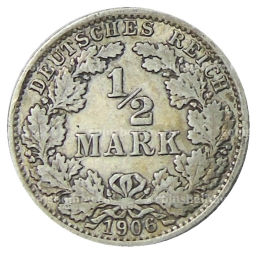 Монета 1/2 марки 1906 года A Германия