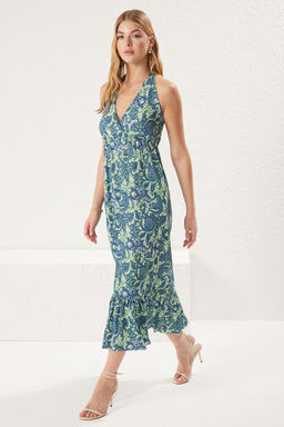 TRENDYOLMILLA Mavi Etnik Bask?l? V Yaka Etegi F?rfl?rl? Buzgulu Fitilli Esnek Maxi Orme Elbise TWOSS25EL00093 фото 3