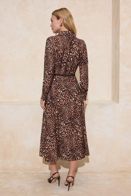 Kahverengi Animal Desen Kemerli Midi Dokuma Gomlek Elbise TWOSS26EL00065