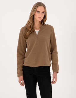 Camel Comfort Fit Fermuarl_ Polar Sweatshirt