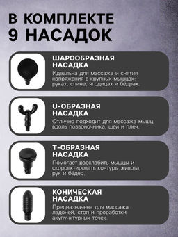 Массажёр для тела LEM-11, перкуссионный, 9 насадок, 9 режимов, чёрный