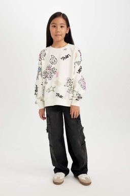 Толстовка оверсайз для девочек с широким кроем и круглым вырезом с 3D-принтом - Defacto фото 2