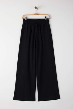 Siyah Muslin Beli Lastikli Yuksek Bel Wide Leg/Genis Paca Pantolon TWOSS25PL00131