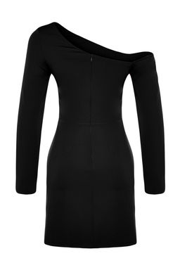 Siyah Vucuda Oturan Drapeli Dokuma K?sa S?k Abiye Gece Mezuniyet Elbisesi TPRAW24EL00083