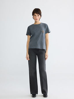 Bisiklet Yaka Y?ld?z Bask?l? Kad?n Ti??rt