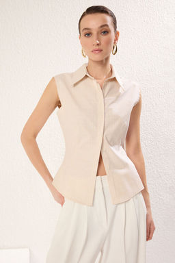 TRENDYOLMILLA Bej Kolsuz Cizgili Ceket Formda Belden Oturan Dokuma Gomlek TWOSS25GO00088 фото 2