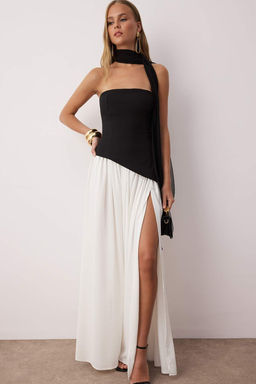 Siyah-Beyaz A Kesim SalDetayl? Maxi S?k Abiye Gece Mezuniyet Elbisesi TPRSS25EL00310