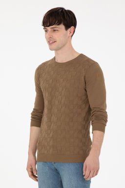 Erkek Slim Fit Bisiklet Yaka Haki Basic Kazak