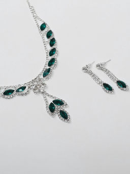 Набор 2 предмета: серьги, колье Листопад ромб, цвет изумрудно-белый в серебре, 45 см