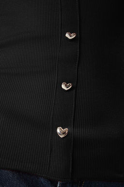 Siyah Fitted/Vucuda Oturan Kalp Dugmeli Havuz Yaka Esnek Orme Bluz TWOSS25BZ00221