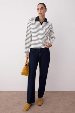 Ekru Cizgili More Sustainable Dokuma Yaka Detayl? Regular Orme T-shirt/Sweatshirt TWOAW26TS00004 - Trendyolmilla фото 6