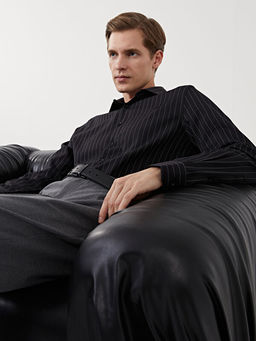 Slim Fit Uzun Kollu ?izgili Gabardin Erkek G?mlek