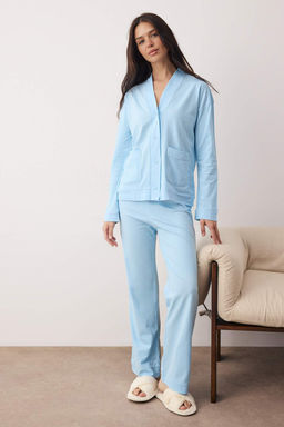 Mavi %100 Pamuklu Cep ve Mansetli Orme Pijama Tak?m? THMAW26PT00230
