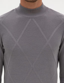 Gri Slim Fit Yar_m Bal_k__ Yaka Triko Kazak