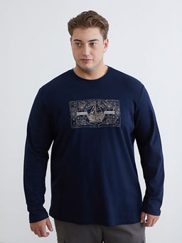 B?y?k Beden Bisiklet Yaka Uzun Kollu Bask?l? Erkek Ti??rt