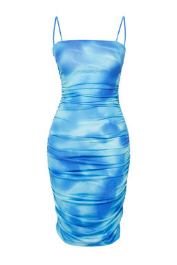 TRENDYOLMILLA Mavi Soyut Desenli Buzgu/Drape Detayl? Vucuda Oturan Esnek Orme Mini Kalem Elbise TWOSS24EL00385