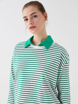 Bisiklet Yaka ?izgili Uzun Kollu Kad?n Sweatshirt