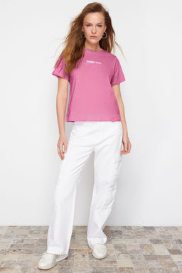 Pembe %100 Pamuk Slogan Nak?sl? Relaxed/Rahat Kal?p Orme T-Shirt TWOSS24TS00177 - Trendyolmilla фото 2