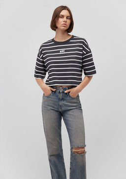 Mavi Logo Bask?l? Siyah Cizgili Crop Tisort