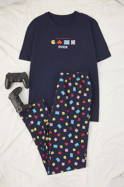 Lacivert Regular Kesim Oyun Bask?l? K?sa Kol Orme Pijama Tak?m? TMNAW26PT00009