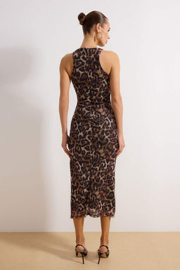 Kahverengi Cok Renkli Hayvan Desenli Leopar Orme Tul S?k Abiye Elbise TPRSS24EL00202