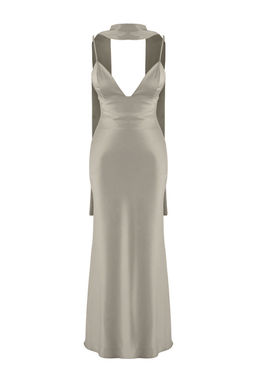 Gri Sal Detayl? Saten Dokuma Maxi Abiye Gece Mezuniyet Elbisesi TPRSS25EL00312