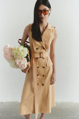 TRENDYOLMILLA Limited Edition Camel Dugme Detayl? Gabardin Midi Dokuma Elbise TWOSS25EL00196