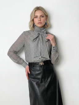 Блузка из органзы в клетку OD-984-2 коричневый с белым