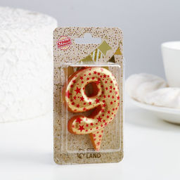 Цена за 2 шт. Свеча в торт «Саната», цифра 9, золотая с красными звездами, 5.5 см