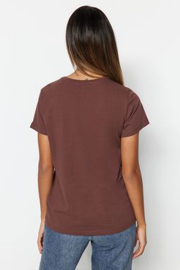 Kahverengi-Bej-Haki Cizgili 3lu Paket Basic Bisiklet Yaka Orme T-Shirt TWOSS20TS0146