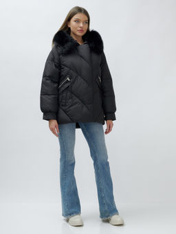 Полупальто женское зимние с мехом песец люкс класса черного цвета 6227Ch - Visdeer фото 4