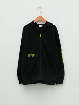 Kap??onlu Bask?l? Uzun Kollu Erkek ?ocuk Fermuarl? Sweatshirt