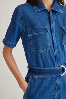 TRENDYOLMILLA Mavi Cep Detayl? Kemerli K?sa Kollu Denim Tulum TWOSS25TU00003  фото 4