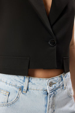 Trendyolmilla Beyaz Oversize Crop Cep Detayl? Dokuma Yelek TWOSS25YE00065  фото 4