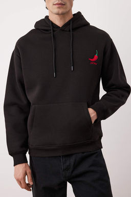 Siyah Biber Nak?sl? Oversize/Genis Kesim Ici Polarl? Kapusonlu Sweatshirt TMNAW25SW00016