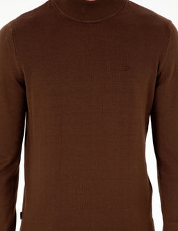Koyu Kahverengi Slim Fit Yar_m Bal_k__ Yaka Basic Triko Kazak