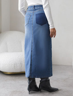 Джинсовая юбка миди с разрезом из эластичного облегченного денима - Vilatte фото 2