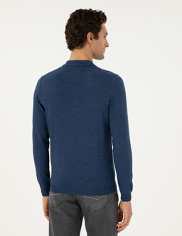 _ndigo Regular Fit Y_n Kar___ml_ Fermuarl_ Polo Yaka Basic Triko Kazak