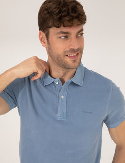 Koyu Mavi Slim Fit Eskitme Polo Yaka Ti__rt