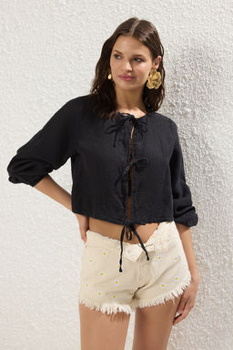 TRENDYOLMILLA Sar? Dokuma %100 Keten Baglamal? Balon Kollu Plaj Gomlek TBESS25GO00016 фото 25