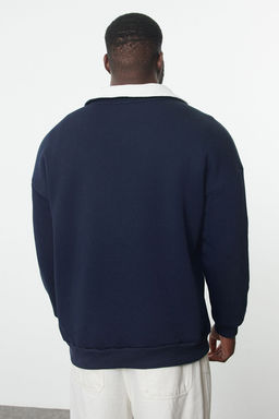 Lacivert Oversize/Genis Kesim Dik Yaka Fermuarl? Buyuk Beden Sweatshirt TMNAW25AO00039