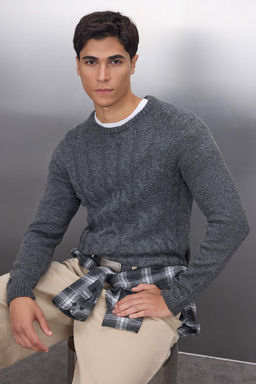 TRENDYOL MAN Antrasit Slim Fit Bisiklet Yaka Sac Orgu Triko Kazak TMNAW25KZ00012 - Trendyolmilla фото 5