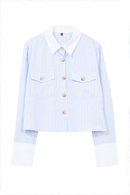 TRENDYOLMILLA Mavi Metal Dugme Detayl? Yaka ve Kol Detayl? Cizgili Regular Kal?p Dokuma Gomlek TWOAW25GO00023 фото 6
