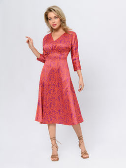 Платье оранжевого цвета длины миди с принтом и V-образным вырезом - 1001dress фото 2