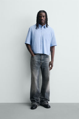 CAMISA CROPPED FIT CUADROS / Azul claro