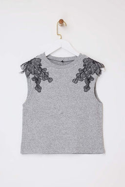 Gri melanj Fitted/Vucuda Oturan Kolsuz Aksesuar Detayl? Fitilli Esnek Orme Bluz TWOSS26BZ00105